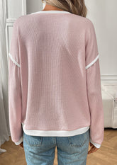 Textured Crew Neck Color Block Casual Top
